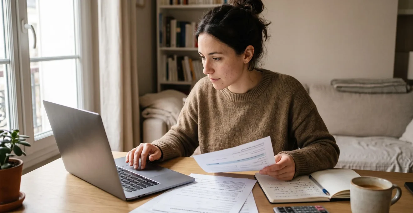 Personne effectuant la déclaration de création de micro-entreprise en ligne depuis son domicile avec ordinateur et documents administratifs
