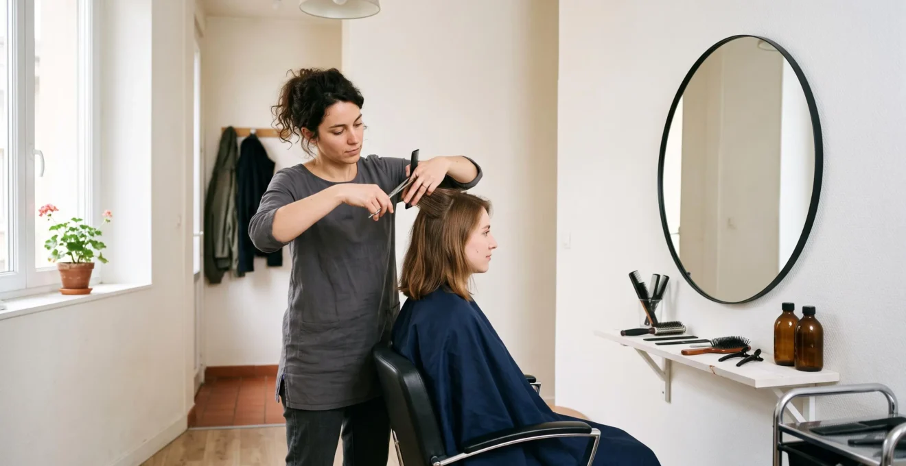 Micro-entrepreneur coiffeur réalisant une prestation professionnelle pour un client dans son salon à domicile